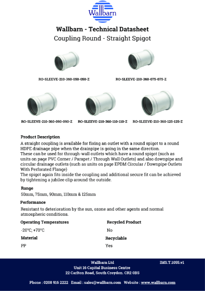 Datasheet - Straight Coupling for Round Outlets