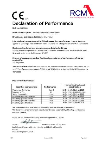 Declaration of Performance Certificate for Y-WALL