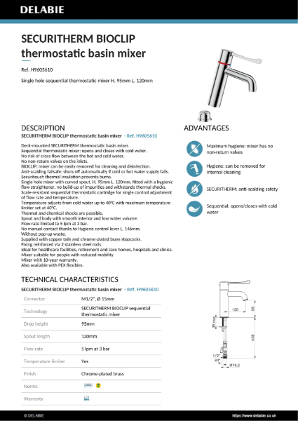 SECURITHERM BIOCLIP thermostatic basin mixer Data Sheet - H9605610