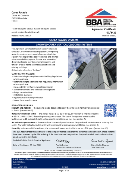 07/4429 BBA: Carea Vertical Grooved Cladding System technical approval