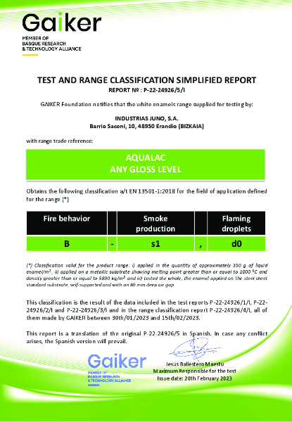 Reaction to Fire Certificate Juno Aqualac