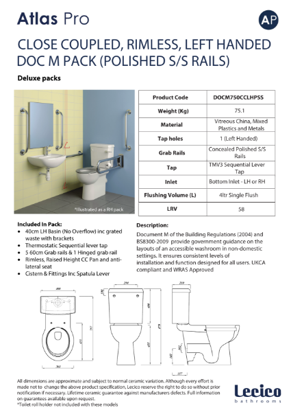 Atlas Pro Rimless DeLuxe Close Coupled DocM Pack Left Hand 40cm Basin Polished Stainless Steel Rails Data Sheet