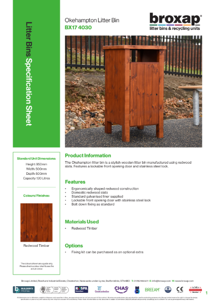 Okehampton Timber Litter Bins Specification Sheet