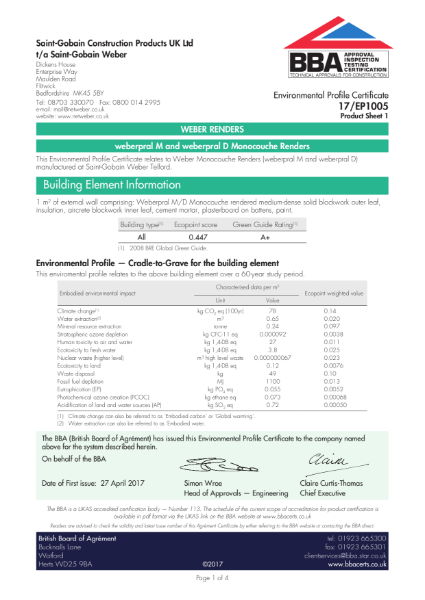 17/EP1005 weberpral M and weberpral D Monocouche Renders (Product Sheet 1)