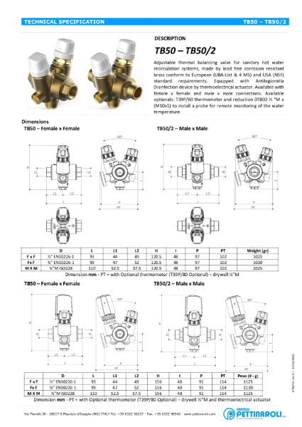 Pettinaroli Thermal Balancing Valve with TB50 Data Sheet