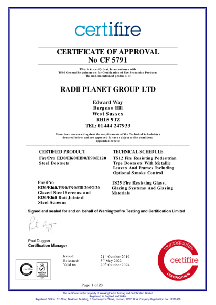 Certifire CF5791 Certificate of Approval Ei Systems Radii Planet