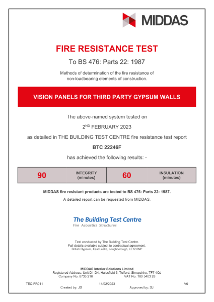 MIDDAS Vision Panels for Third Party Gypsum Walls Fire Test Certificate 90mins Integrity / 60mins Insulation EI60. To BS 476: Parts 22: 1987