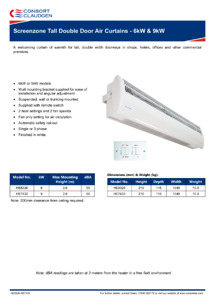 Tall double door air curtains data sheet