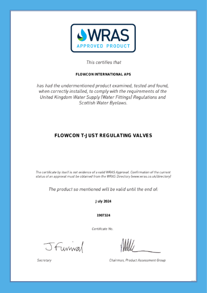 FlowCon T-Just Thermal Balancing Valve WRAS Certificate