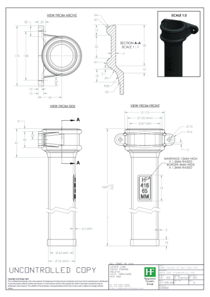 65mm (2.5") Eared LCC Soil Pipe Drawing