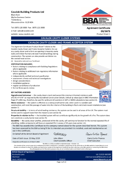 Cavalok Cavity Closer BBA Certificate 00/3673