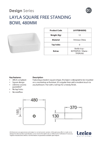 Layla Square Free Standing Bowl 480mm