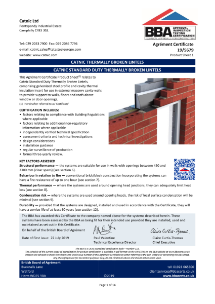 Catnic TS Standard Duty Cavity Wall Lintel BBA Certification