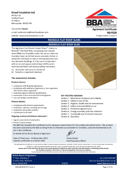 Knauf Insulation Rocksilk® Flat Roof Slab - BBA Certificate 08/4526 PS1