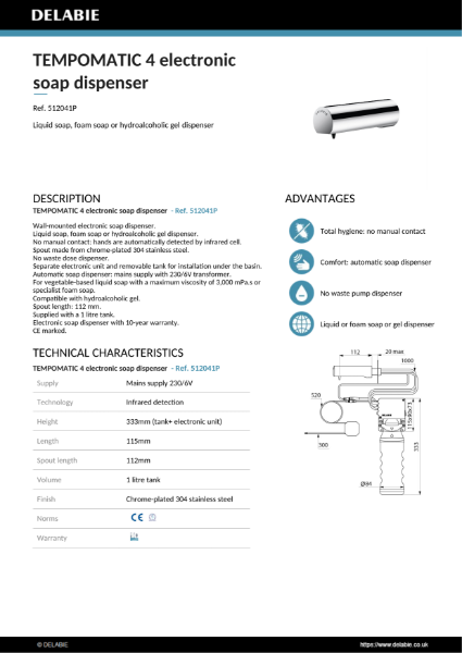 TEMPOMATIC 4 electronic soap dispenser Data Sheet – 512041P