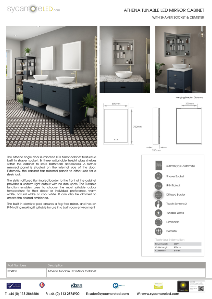 Specification Sheet for Athena Tunable LED Mirror Cabinet