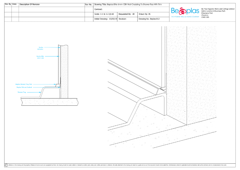 Beplas Elite CE-K Wall Cladding to shower tray with trim detail drawing