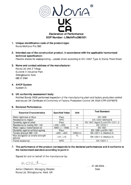 Novia Methane Pro 390 Declaration of Performance