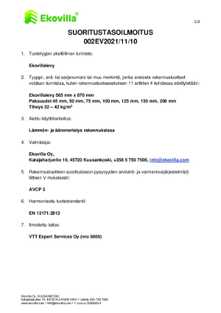 Ekovillalevy Suoritustasoilmoitus DoP