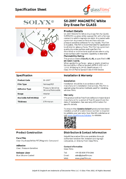 SX-2097 MAGNETIC White Dry Erase for GLASS Specification Sheet