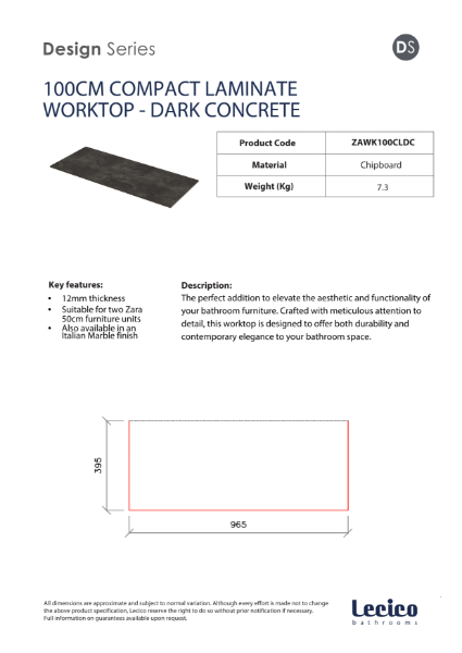 Zara 100 cm Width 12 mm Compact Laminate Worktop - Dark Concrete