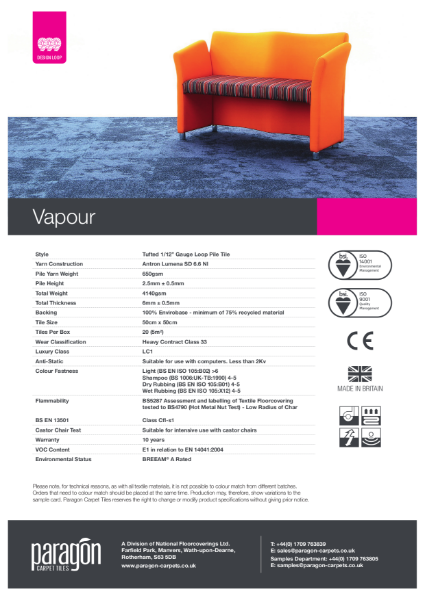 Paragon Carpet Tiles - Vapour - Specification Information