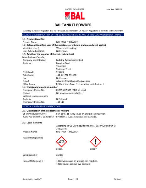 BAL TANK-IT Powder - Material Safety Datasheet