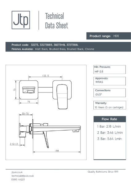 HIX Single Lever Wall Mounted Basin Mixer – Product Data Sheet