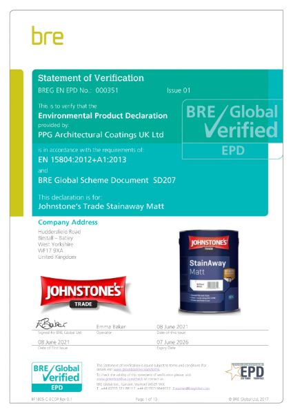 Environmental Product Declaration BREG EN EPD No: 000351 Johnstone's Trade StainAway Matt