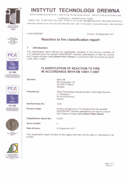 Bona Classic - EN13501-1 Reaction to Fire Classification