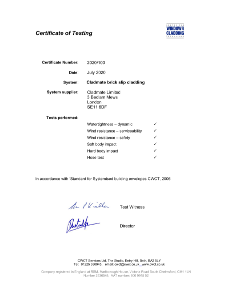 Centre for Window & Cladding Technology (CWCT) Certificate 2020/100