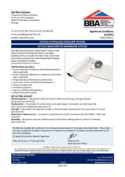 BBA Certificate 21/5951- Effisus Breather FR membrane system
