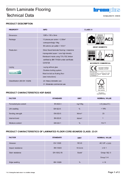 6mm Laminate Flooring Technical Datasheet