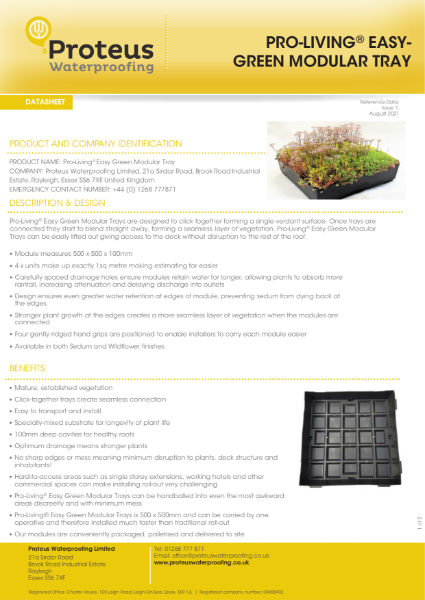Product Data Sheet - Proteus Pro-Living® Easy Green Modular Tray
