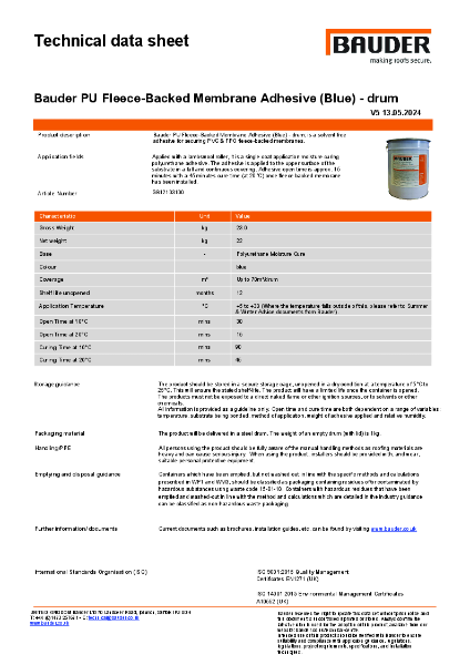 Bauder PU Fleece-Backed Membrane Adhesive (Blue) – Drum; Technical Data Sheet (TDS)