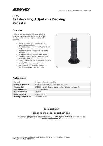 RDA Decking Pedestal - Datasheet