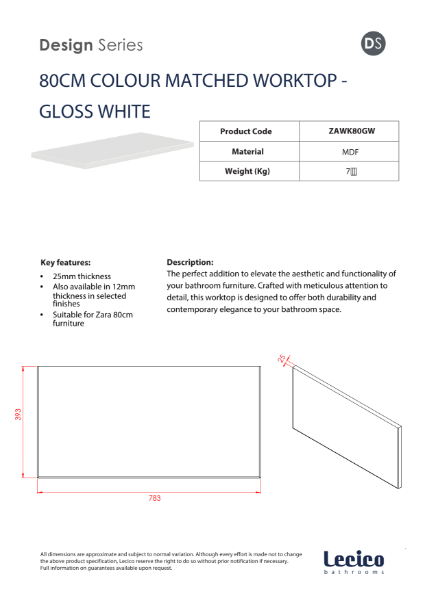 Zara 80 cm Width 18 mm Worktop - Gloss White