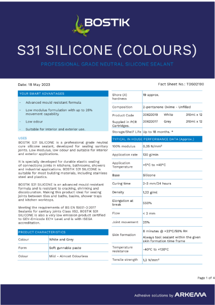 Bostik S31 Silicone (Colours) TDS