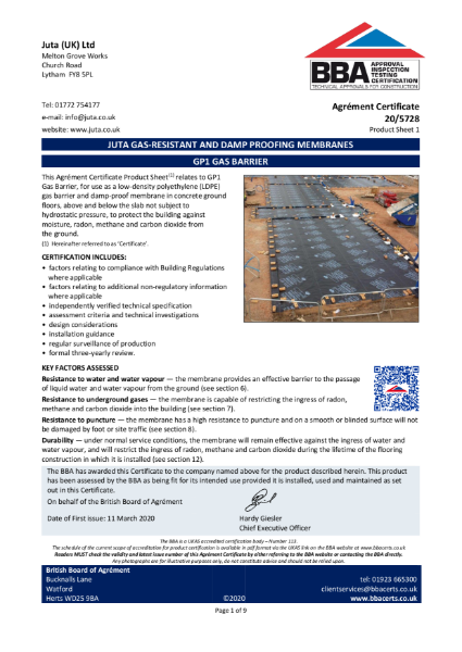BBA Certificate 
JUTA GP1 Gas Barrier
20/5728 - Product Sheet 1