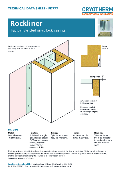 Rockliner Typical Three-sided Snaplock Casing - Technical Data Sheet