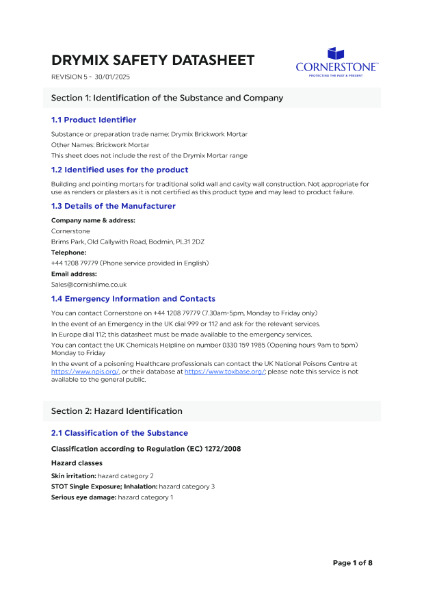 Cornerstone Drymix Brickwork - Safety Datasheet