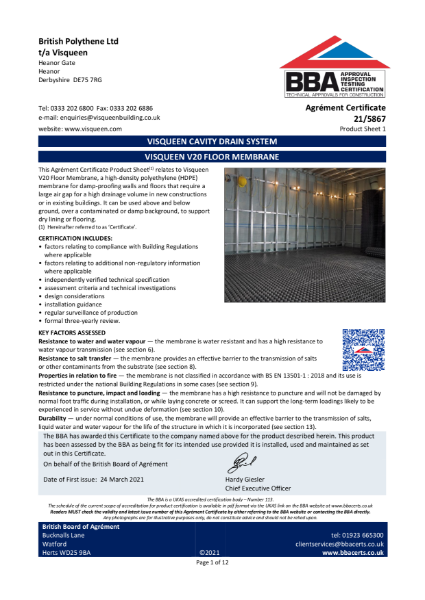BBA Certificate Visqueen V20 FLoor Membrane