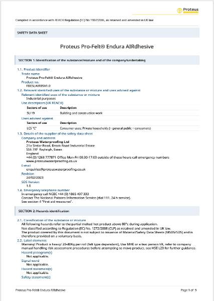 Safety Data Sheet - Proteus Pro-Felt® Endura AIRdhesive