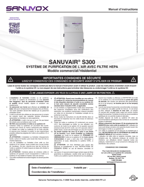Manuel d'instructions du Sanuvair S300 (FR)