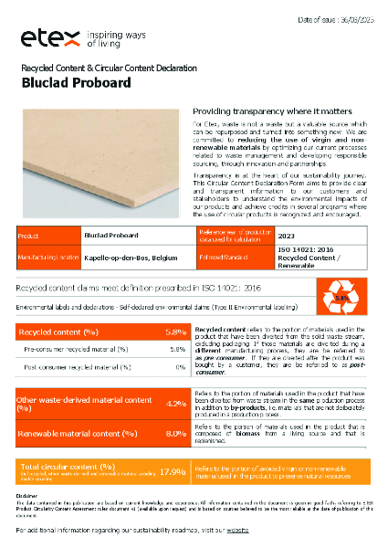 Cedral Bluclad Proboard Circular Content Declaration