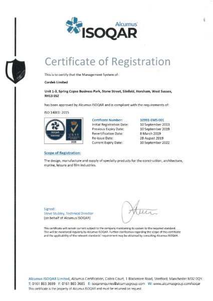 ISO 14001 Certificate - Cordek