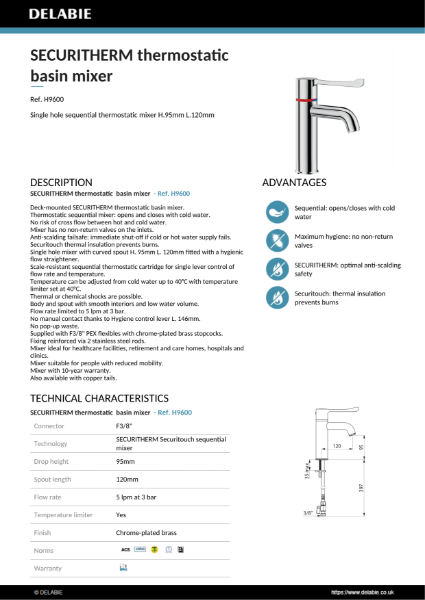 SECURITHERM Basin Mixer Data Sheet - H9600