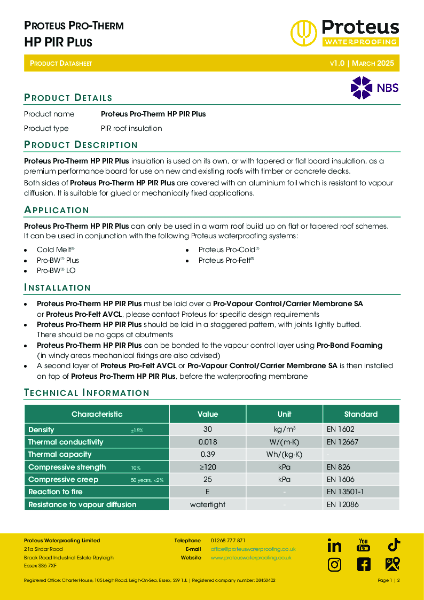 Product Data Sheet - Proteus Pro-Therm HP PIR Plus