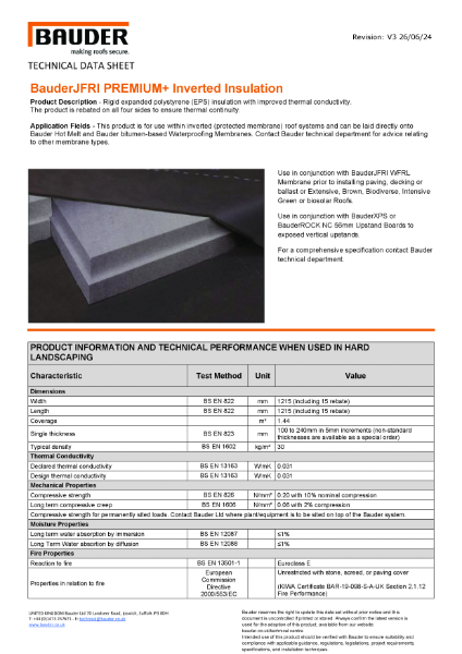 Bauder JFRI PREMIUM+ Inverted Insulation - Technical Data Sheet