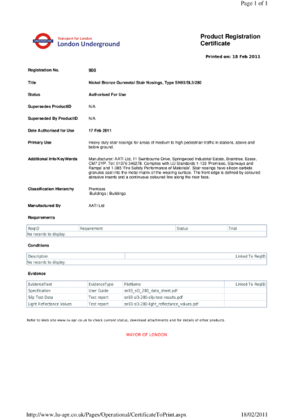 AATi certificate for product ref SN93 SL3 280